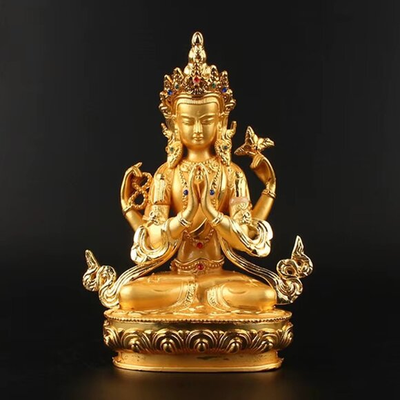 AVALOKITESVARA BUDDHA BEJEWELED GOLD ALLOY PLATED 6 IN STATUE-4 Arms-Bodhisattva - Picture 13 of 16